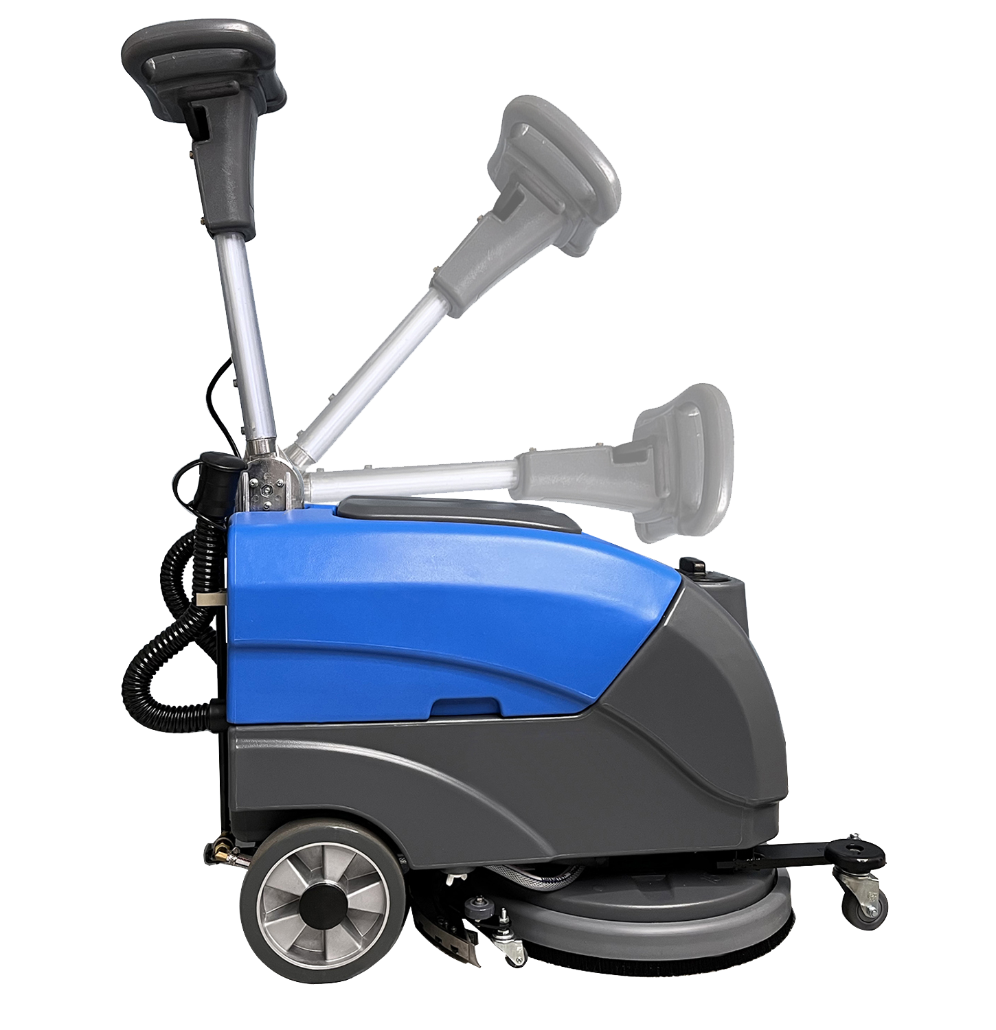 How does the size of a floor scrubber machine's scrubbing path impact its efficiency when cleaning large commercial spaces versus smaller?